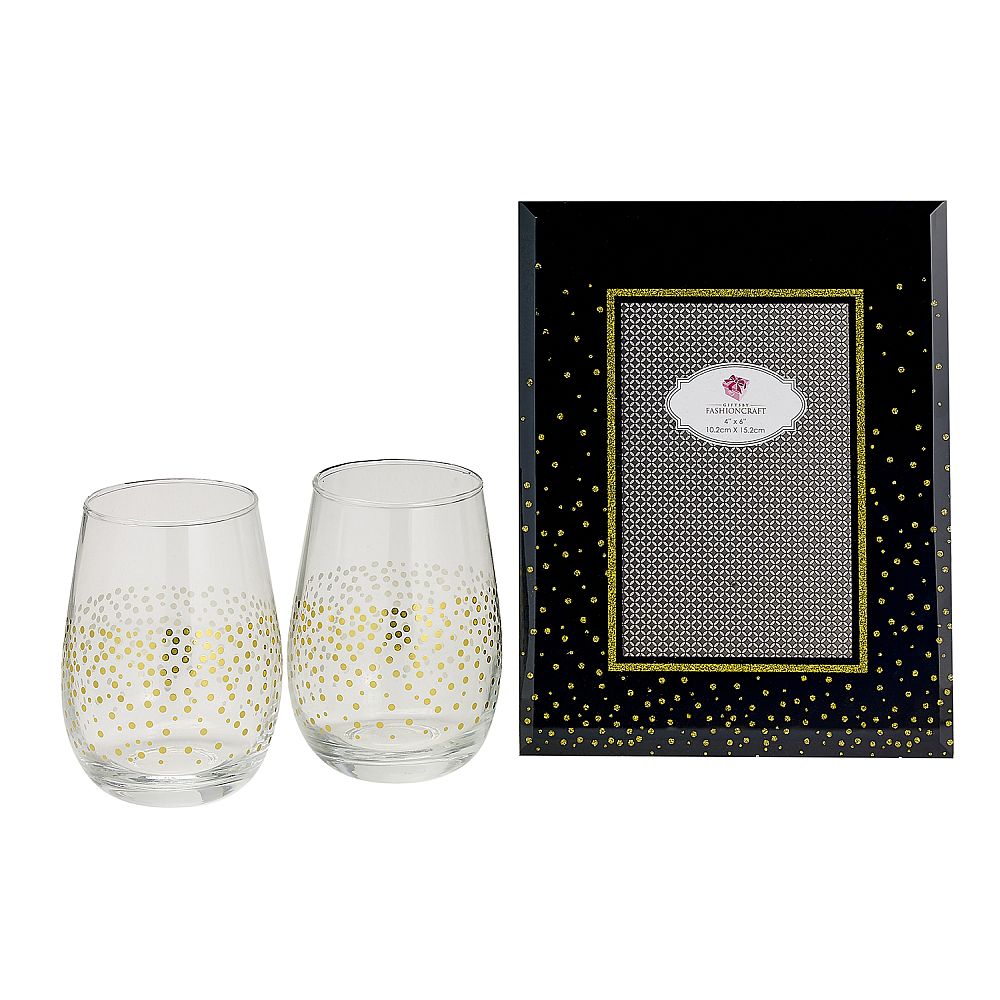 Golden splendor stemless winechampagne toasting set  with deluxe glass picture frame