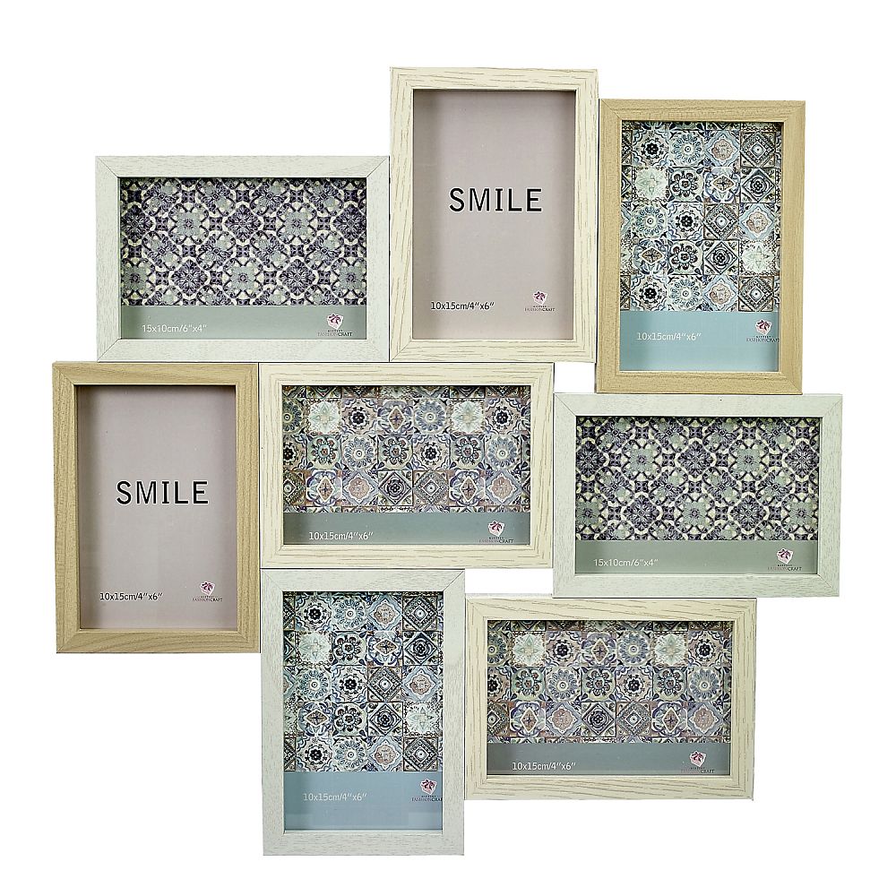 Wood puzzle collage frame - 8 OPENINGS - light woods with white