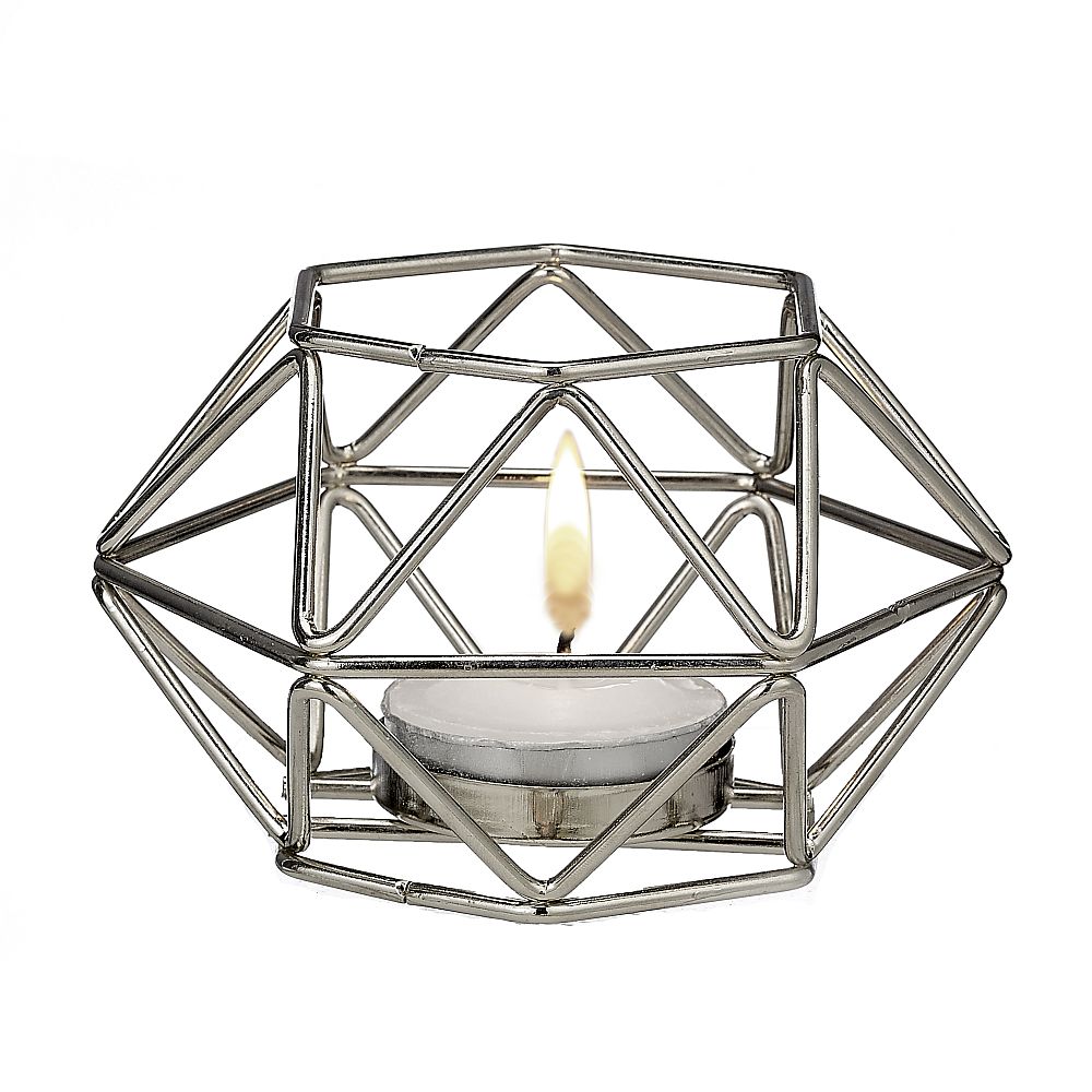 Silver Hexagon Shaped Geometric Design Tea Light Votive Candle Holder