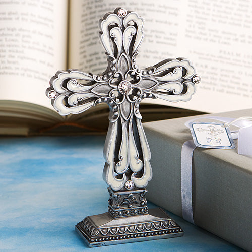 Pewter Color Cross Statue With Ivory Enamel Inlay