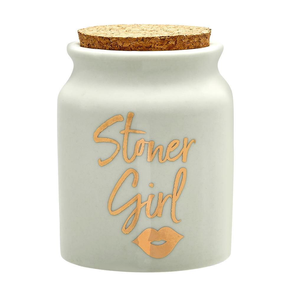 stoner girl stash jar - white with gold letters