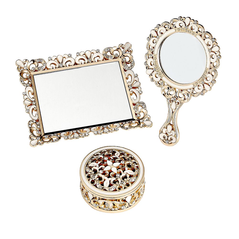 Vanity set - 3 piece set - covered box hand mirror mirror tray - champagne Gold