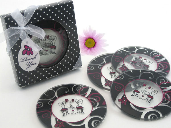 Bistro for Two Round Glass Coaster Favors in Designer Gift Box (Set of 4)