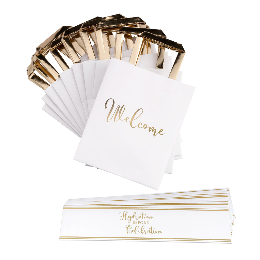 Gold and White Wedding Welcome Bags with Bottle Wraps Set