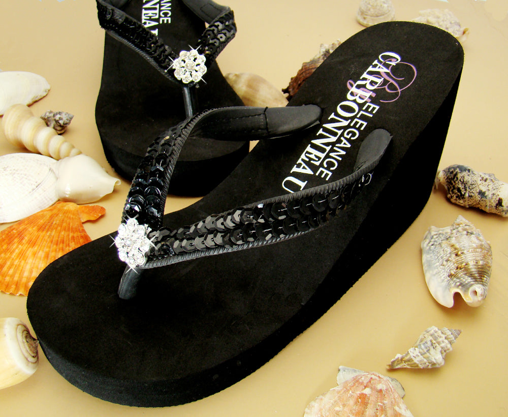 High Wedge Bridal Flip Flops with Sequins and Crystals BLACK