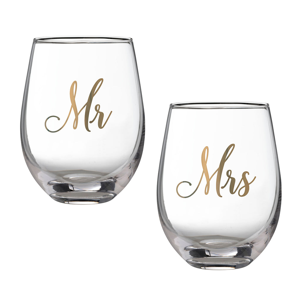 Mr & Mrs Stemless Wine Glass Set