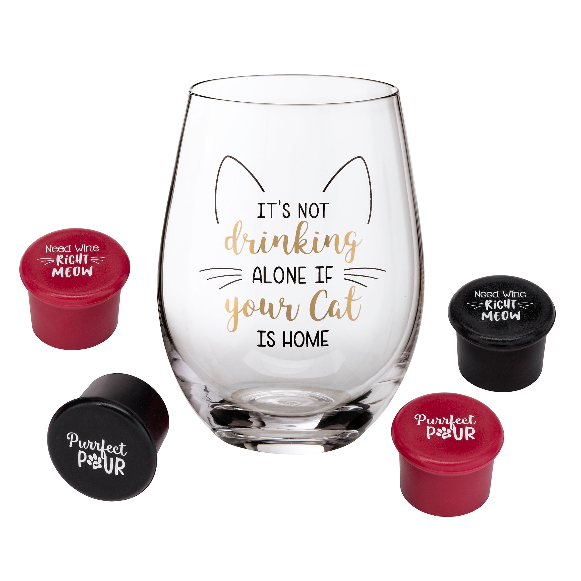 Cat Lover Wine Glass with Funny Saying and 4 Wine Bottle Stoppers