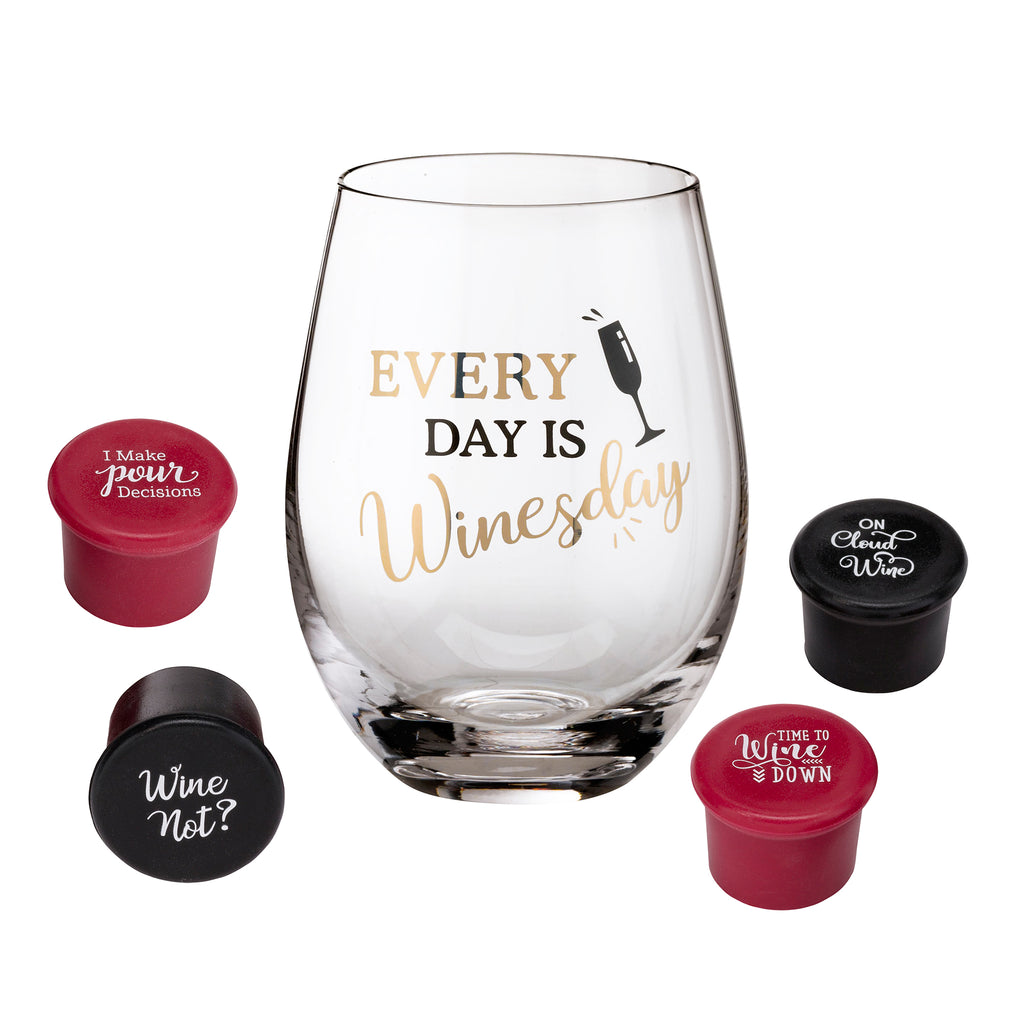 Wine Lover Wine Glass with Winesday Saying and 4 Wine Bottle Stoppers