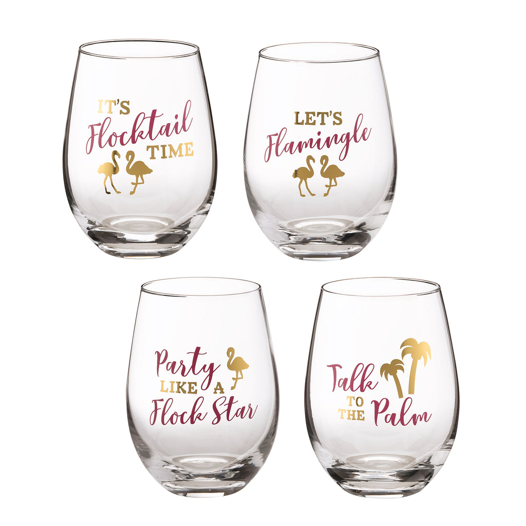 Flamingo Party Stemless Wine Glasses with Sayings Set of 4