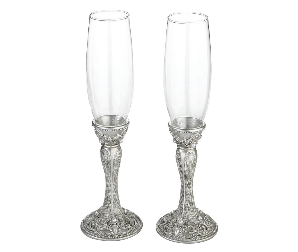 Elegant Silver Jeweled Toasting Glasses Set of 2