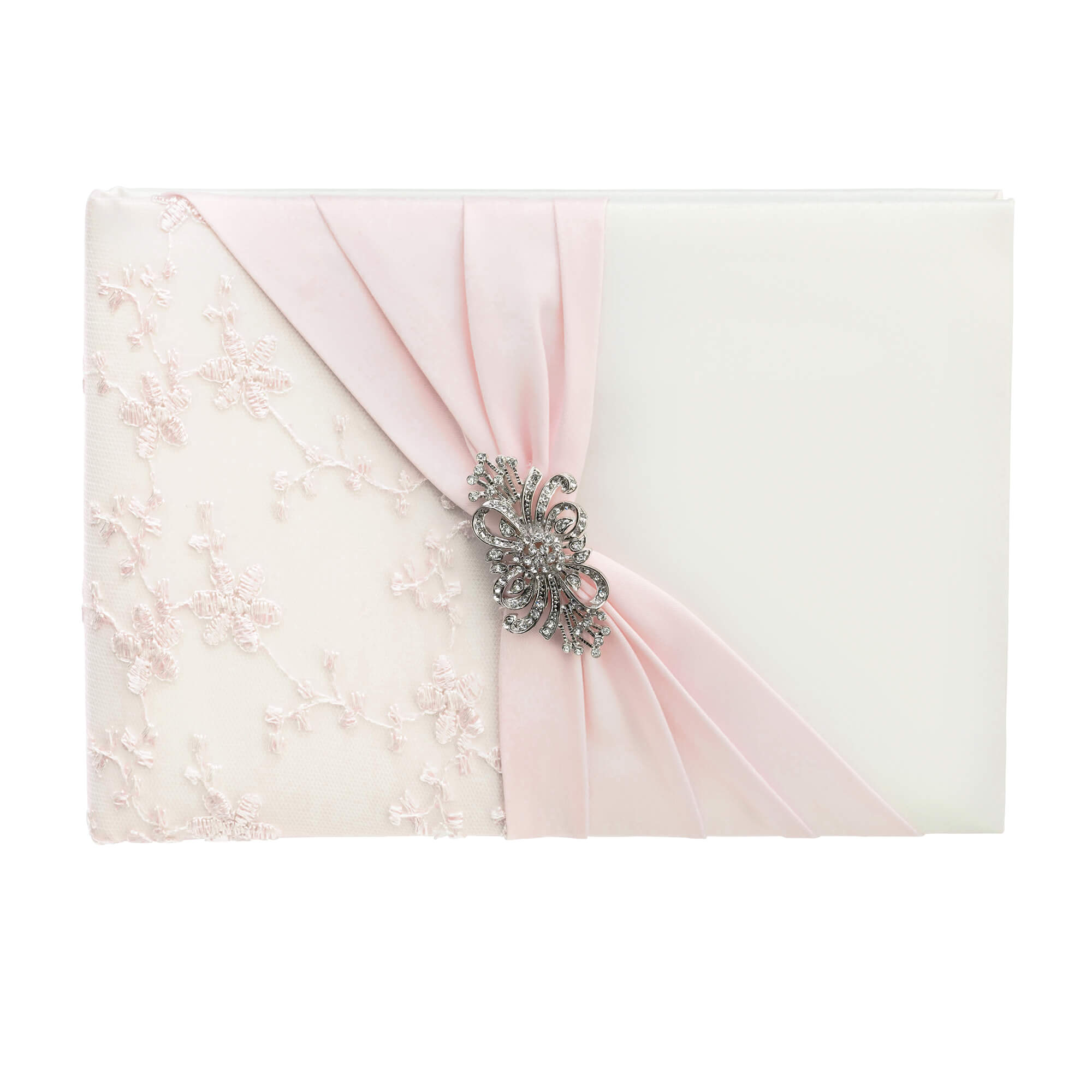 Ivory and Pink Lace Wedding Guest Book with Silver and Rhinestone Brooch