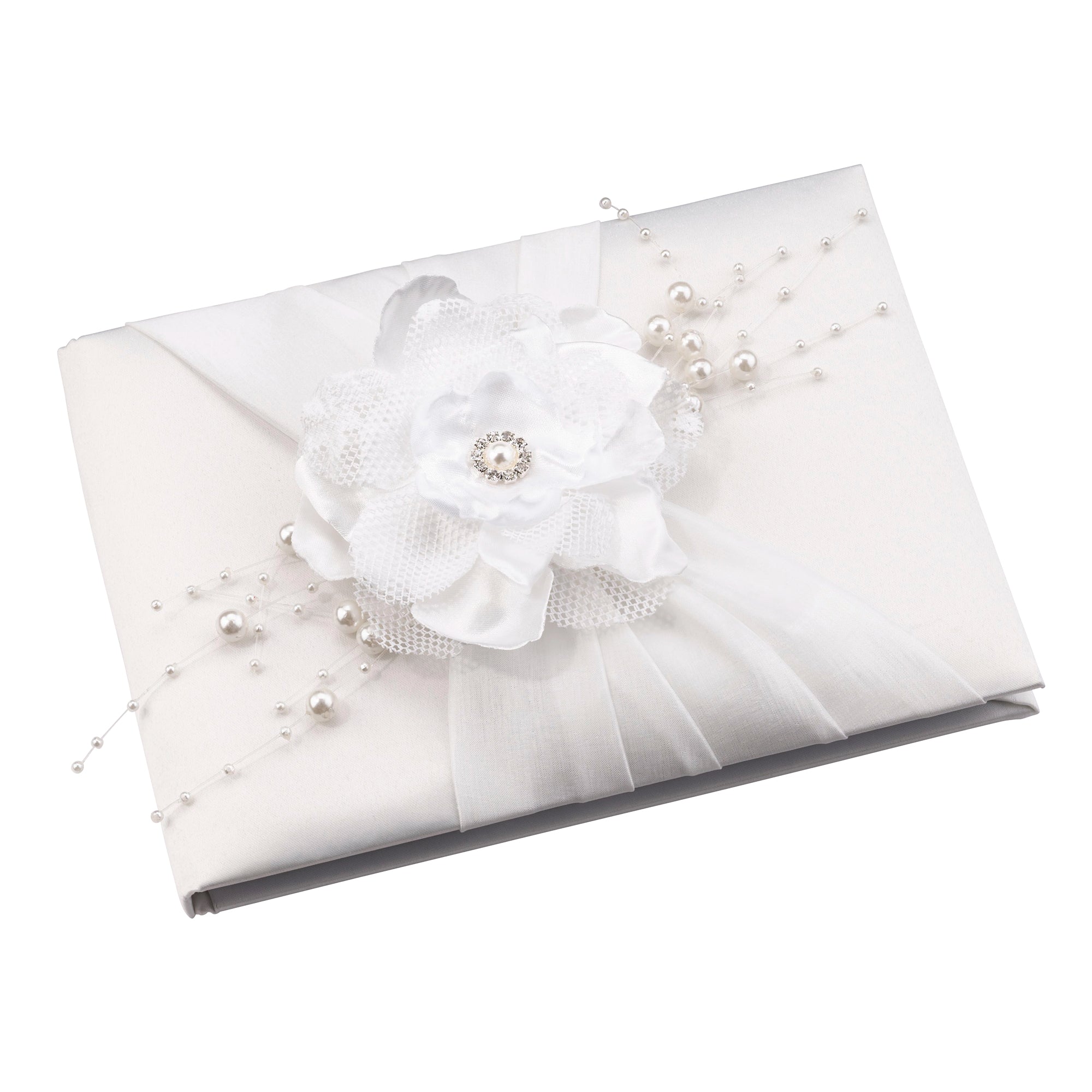 Off White Satin Handmade Flower Wedding Guest Book