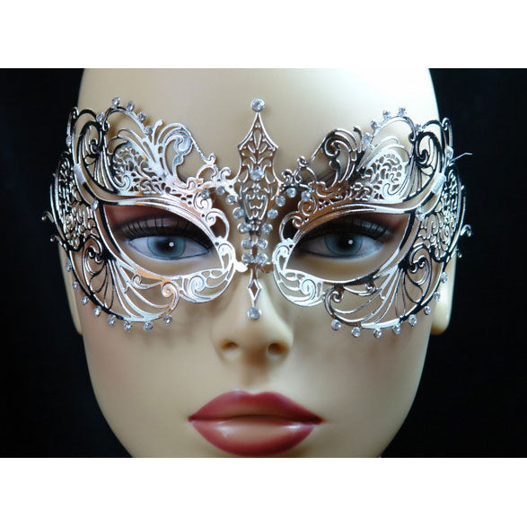 Laser Cut Metal Silver Masquerade Mask with Sparkling Clear Crystals