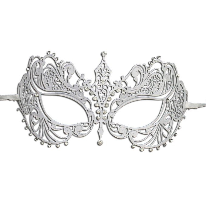 Laser Cut Metal White Masquerade Mask with Sparkling Clear Crystals