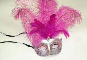 Silver Masquerade Mask with Hot Pink Feather and Jewel