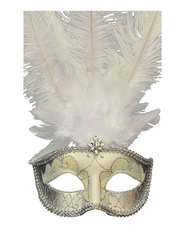 Silver Masquerade Mask with White Feather and Jewel