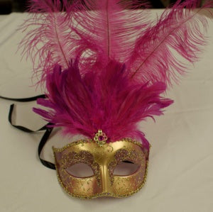 Gold Venetian Mask with Hot Pink Feather and Jewel