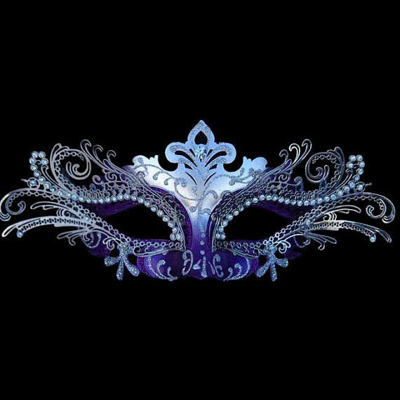 Silver and Purple Laser Cut Metal Masquerade Mask with Crystals on Eyes