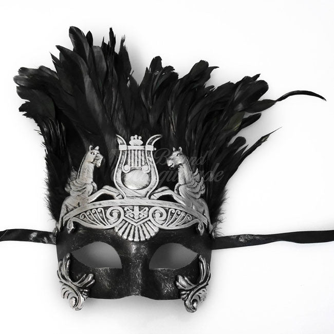 Mens Roman Silver Masquerade Mask with Black Feathers