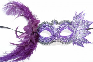 Purple and Silver Masquerade Mask with Feathers