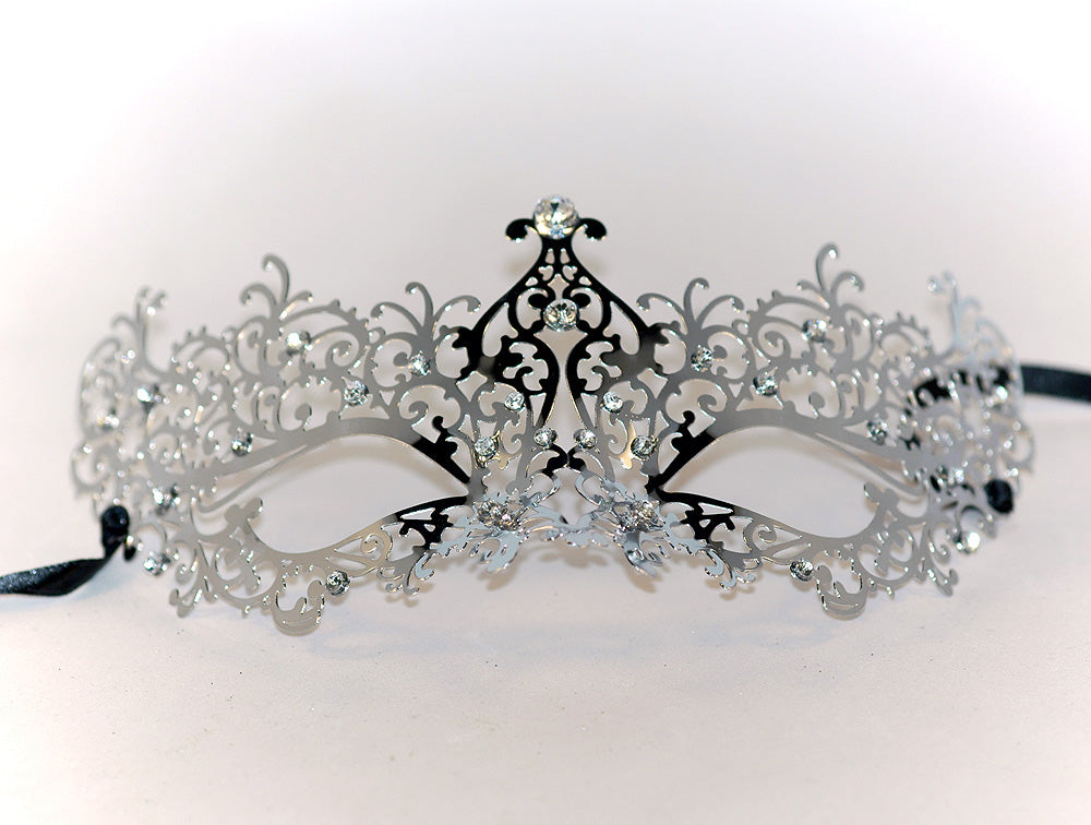 Lady Laser Cut Metal Silver Venetian Masquerade Mask with Crystals