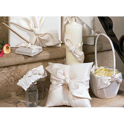 Love Knot Ivory Wedding Accessories Set: Guest Book Pen Ring Pillow Basket