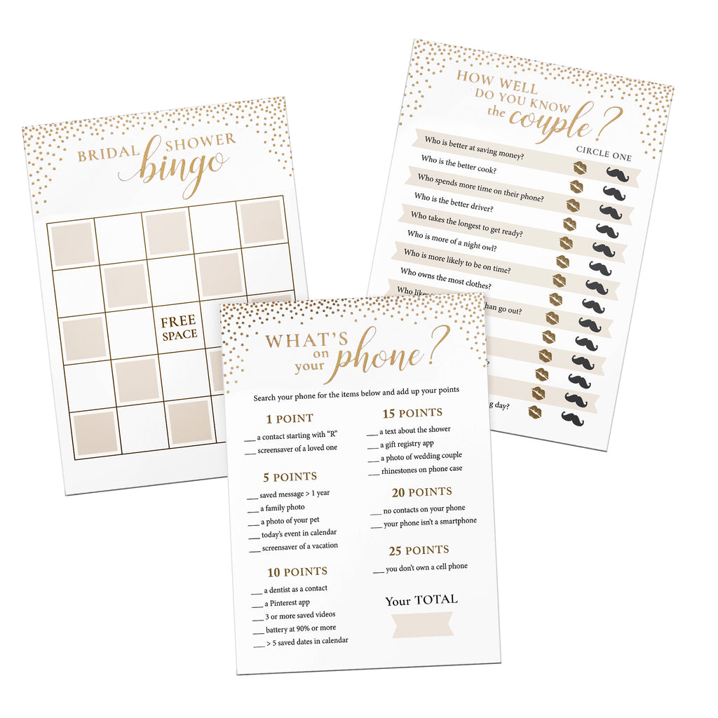 Gold Confetti Themed 3 Bridal Shower Games for 24 players