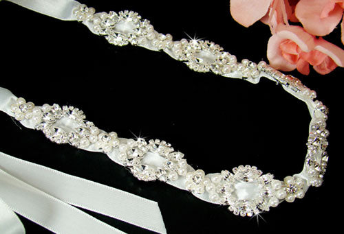 Bridal Ribbon Headband Satin Rhinestone & Pearls White or Ivory