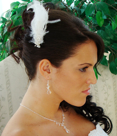 Bridal Feather Fascinator on Comb with Crystals & Pearls