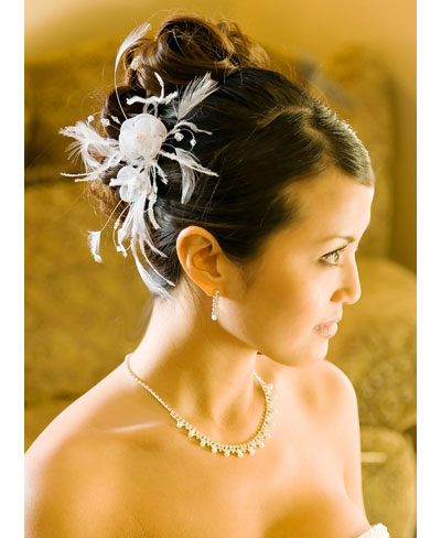 Bridal Hair Comb with Feather Flower Accent White or Ivory