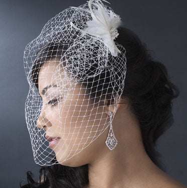 Bridal Feather Hair Fascinator & Birdcage Veil White or Ivory