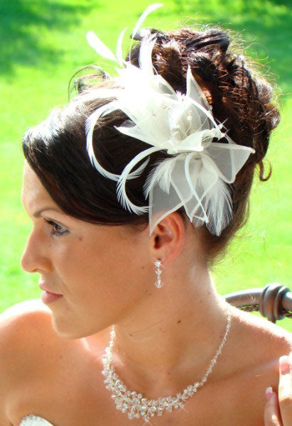 Floral Feather Fascinator Bridal Hair Clip Headpiece White or Ivory