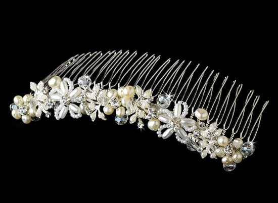 Silver Ivory Pearl and Crystal Bridal Comb