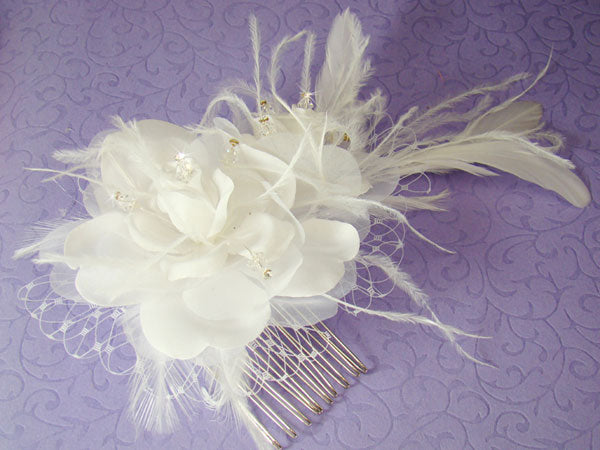 Floral Feather Fascinator Russian Veiling Accent -White/Ivory