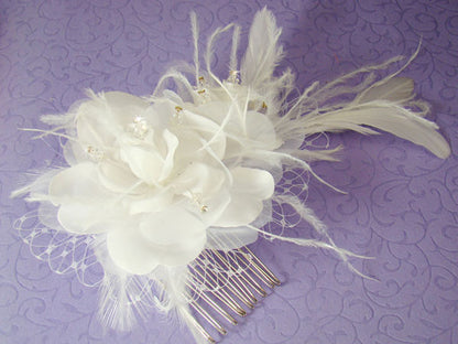 Floral Feather Fascinator Russian Veiling Accent -White/Ivory