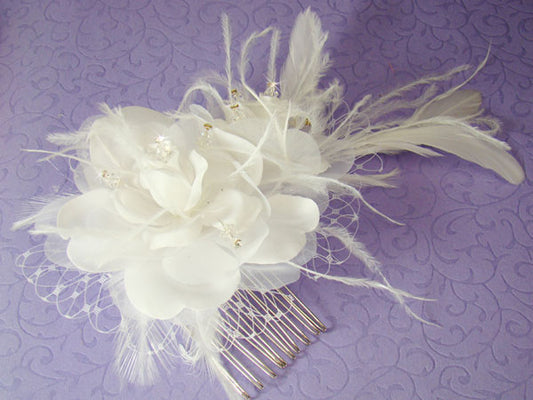 Floral Feather Fascinator Russian Veiling Accent -White/Ivory