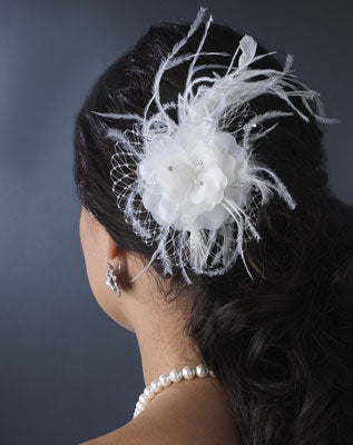 Floral Feather Fascinator Russian Veiling Accent -White/Ivory