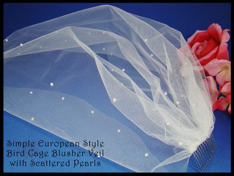 Bird Cage Style Blusher Face Veil with Scattered Pearls White or Ivory
