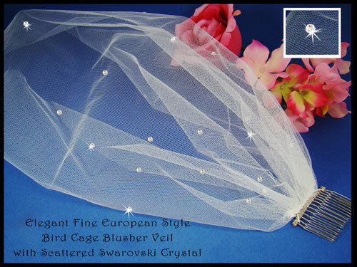 Birdcage Style Blusher Face Veil w/ Swarovski Rhinestones White or Ivory