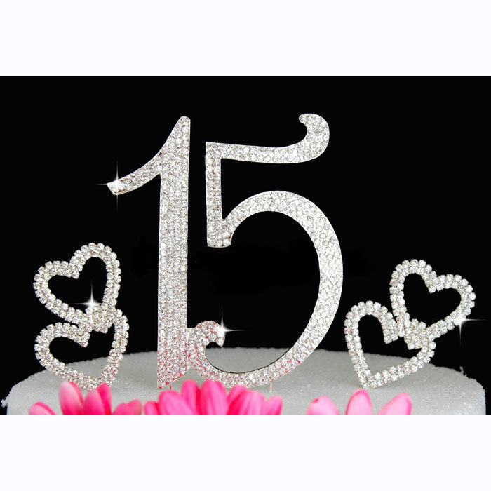 15th Birthday Cake Topper Quinceanera Bling Birthday Caketop with Hearts Cake Picks