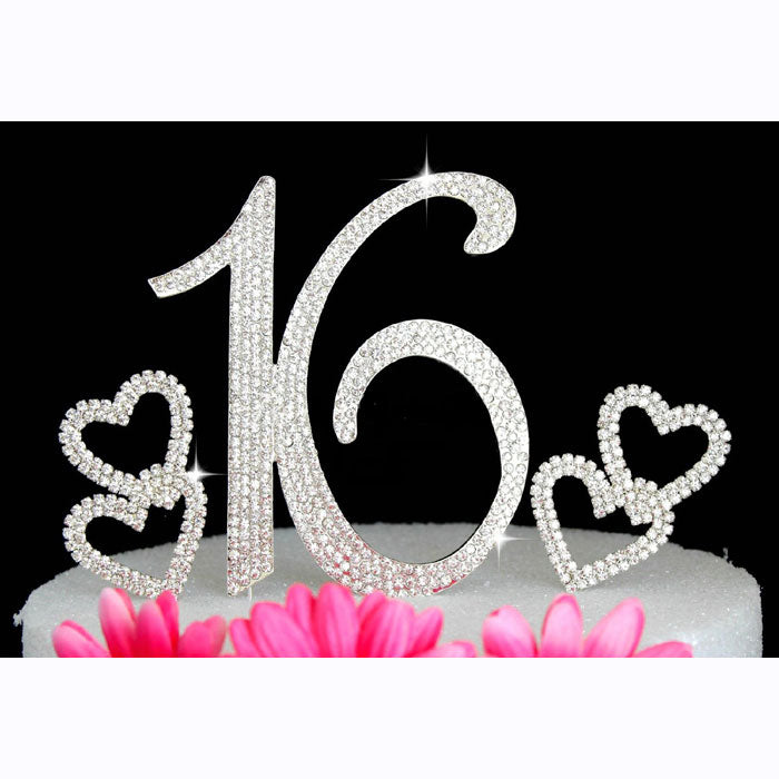 16th Birthday Cake Topper Sweet Sixteen Bling Birthday Caketop with Hearts Cake Picks