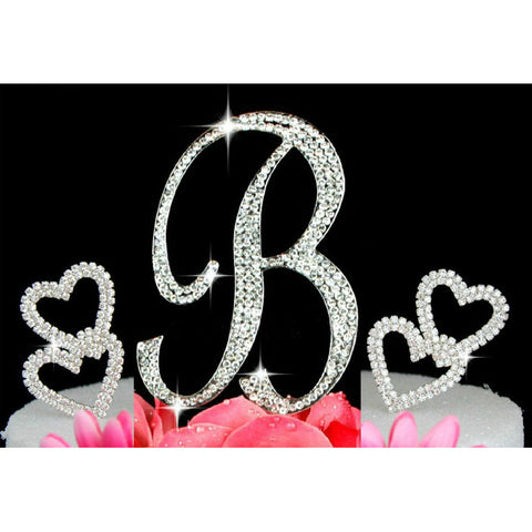 Custom Crystal Monogram Cake Topper with 2 Hearts design Silver Cake Initial A to Z Any Letter