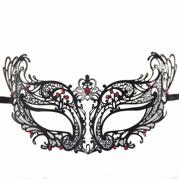 Masquerade Mask Black Metal Mask with Red Diamonds Stunning