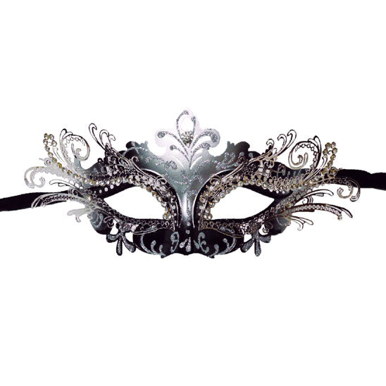 Black and Silver Laser Cut Metal Masquerade Mask with Crystals on Eyes
