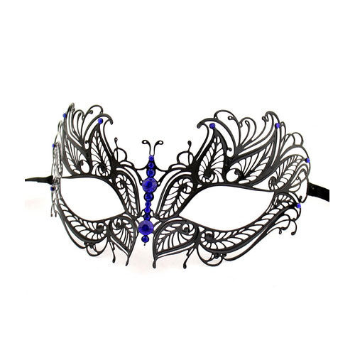 Black Butterfly Metal Laser Cut Masquerade Masks with Crystals (Clear, Blue or Red)