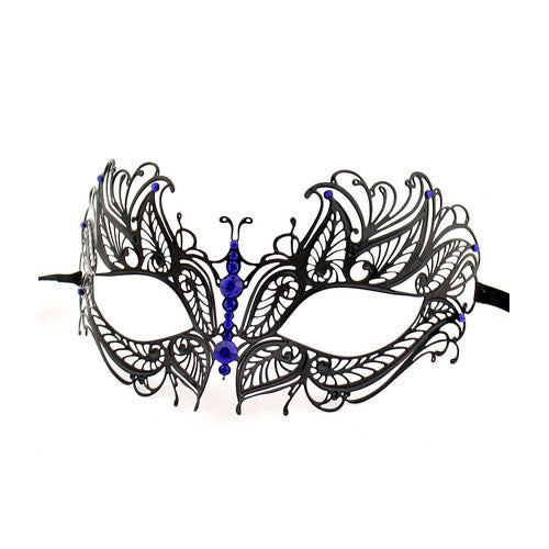Black Butterfly Metal Laser Cut Masquerade Mask with Blue Diamonds