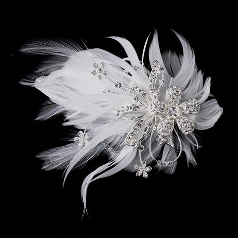 Feather Silver Crystal Bridal Hair Clip with Brooch Pin