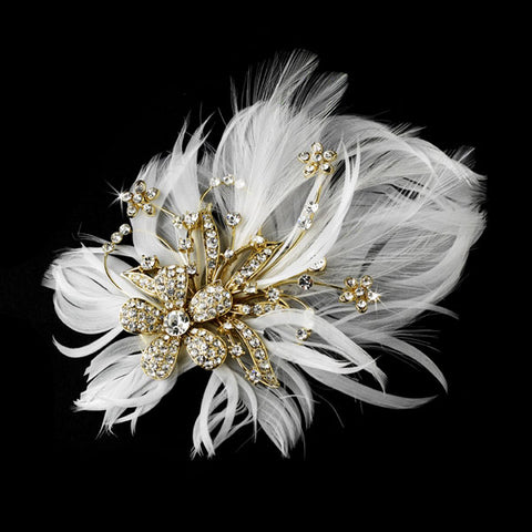 Gold Bridal Hair Clip Clear Rhinestones & Ivory Feather