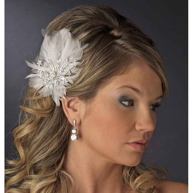Feather Silver Crystal Bridal Hair Clip with Brooch Pin