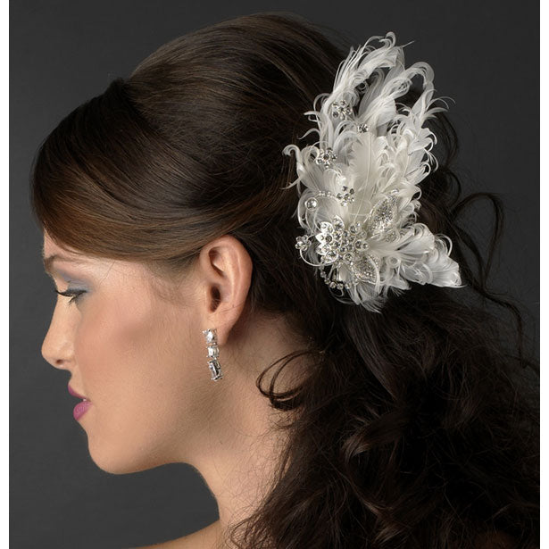 Feather Bridal Hair Clip with Silver Clear Rhinestones White or Ivory